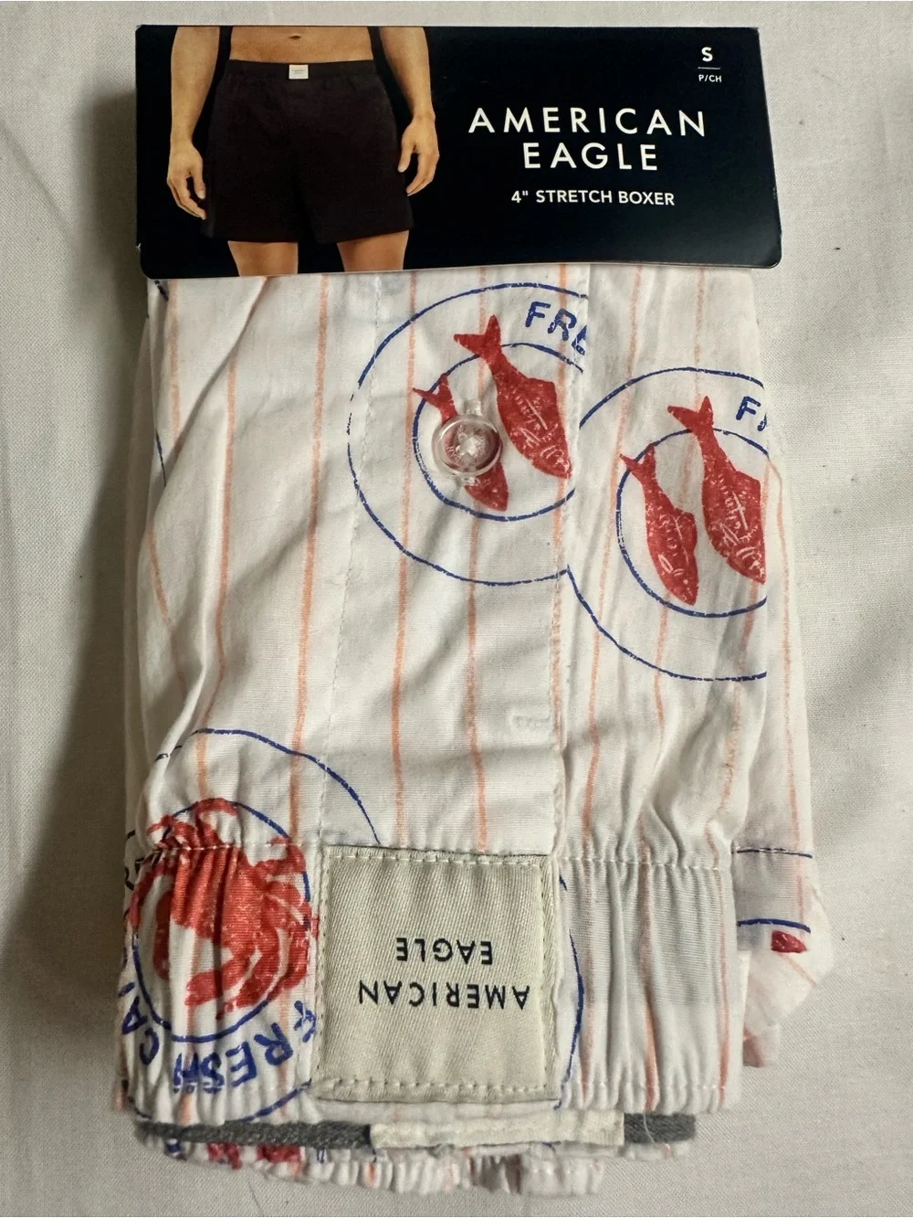 American Eagle White Boxer Shorts with Red Fish & Blue Stamp Print
